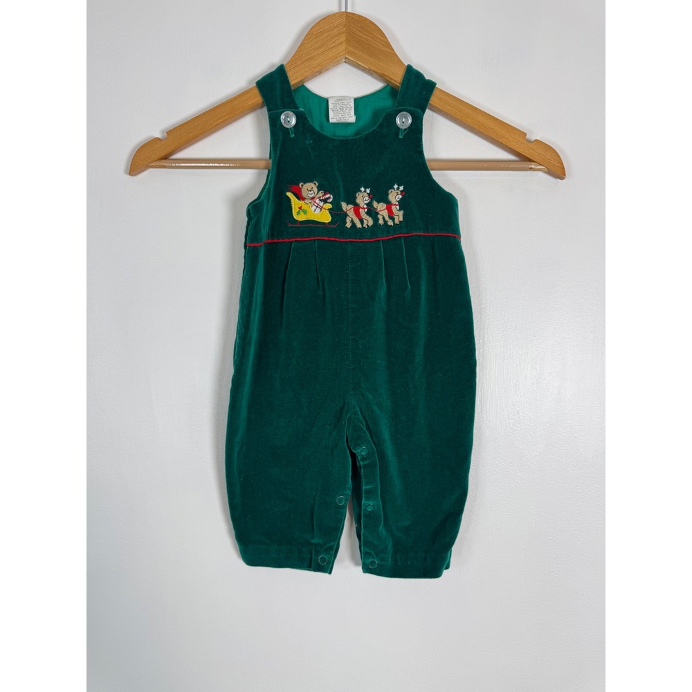 Vintage Christmas Baby 3-6M Romper Green Velvet Embroidered Reindeer Sleigh